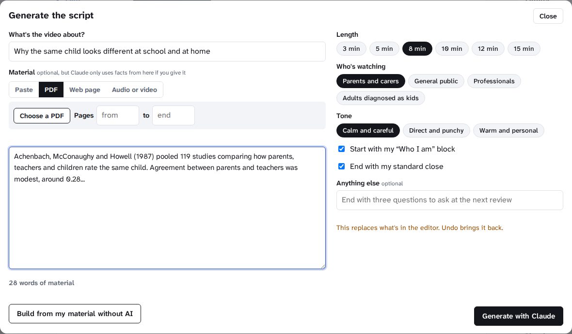 The Generate window: topic, material from a PDF, length, audience and tone.