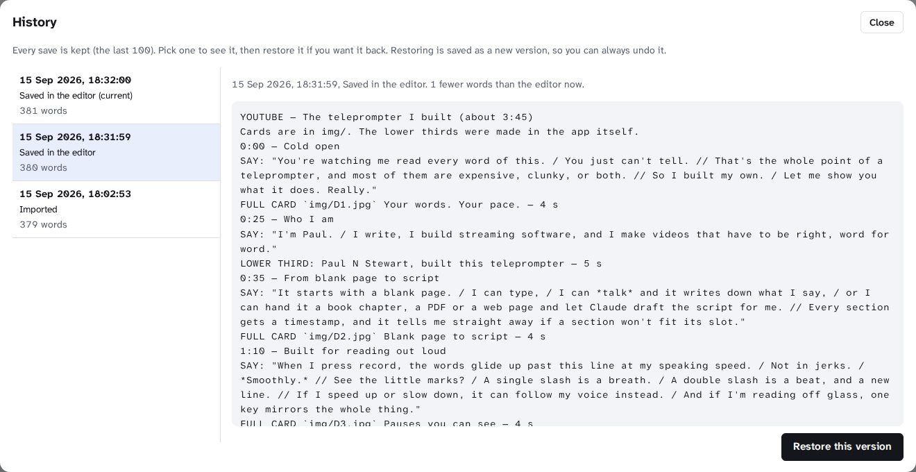 Version history with every save listed and a preview of an earlier version.