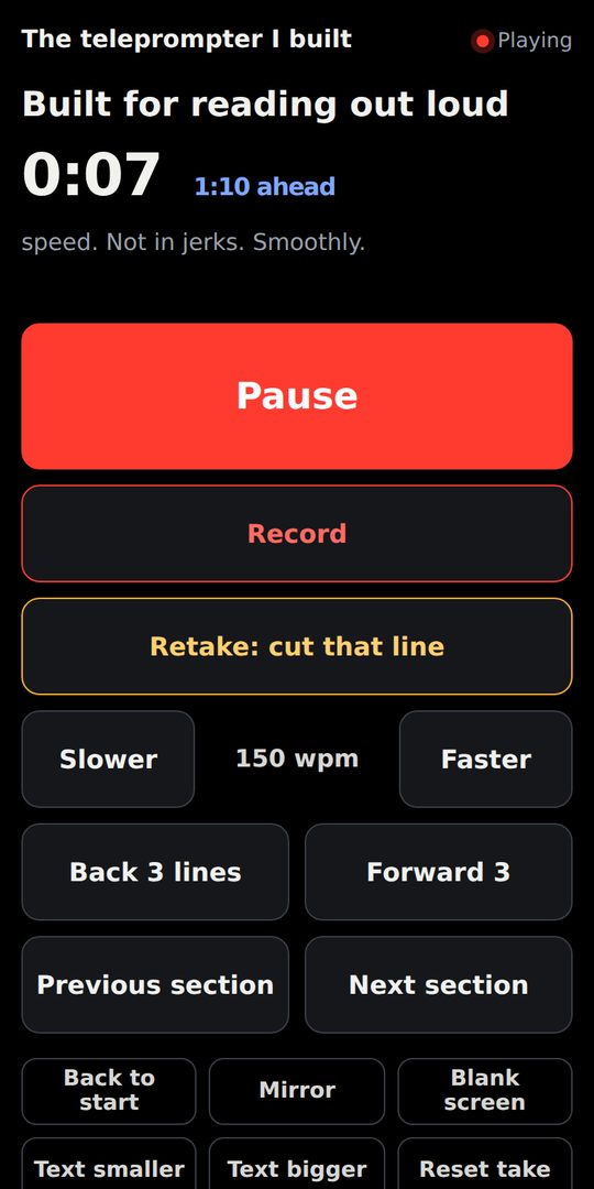 The phone remote with pause, record, retake and speed buttons.