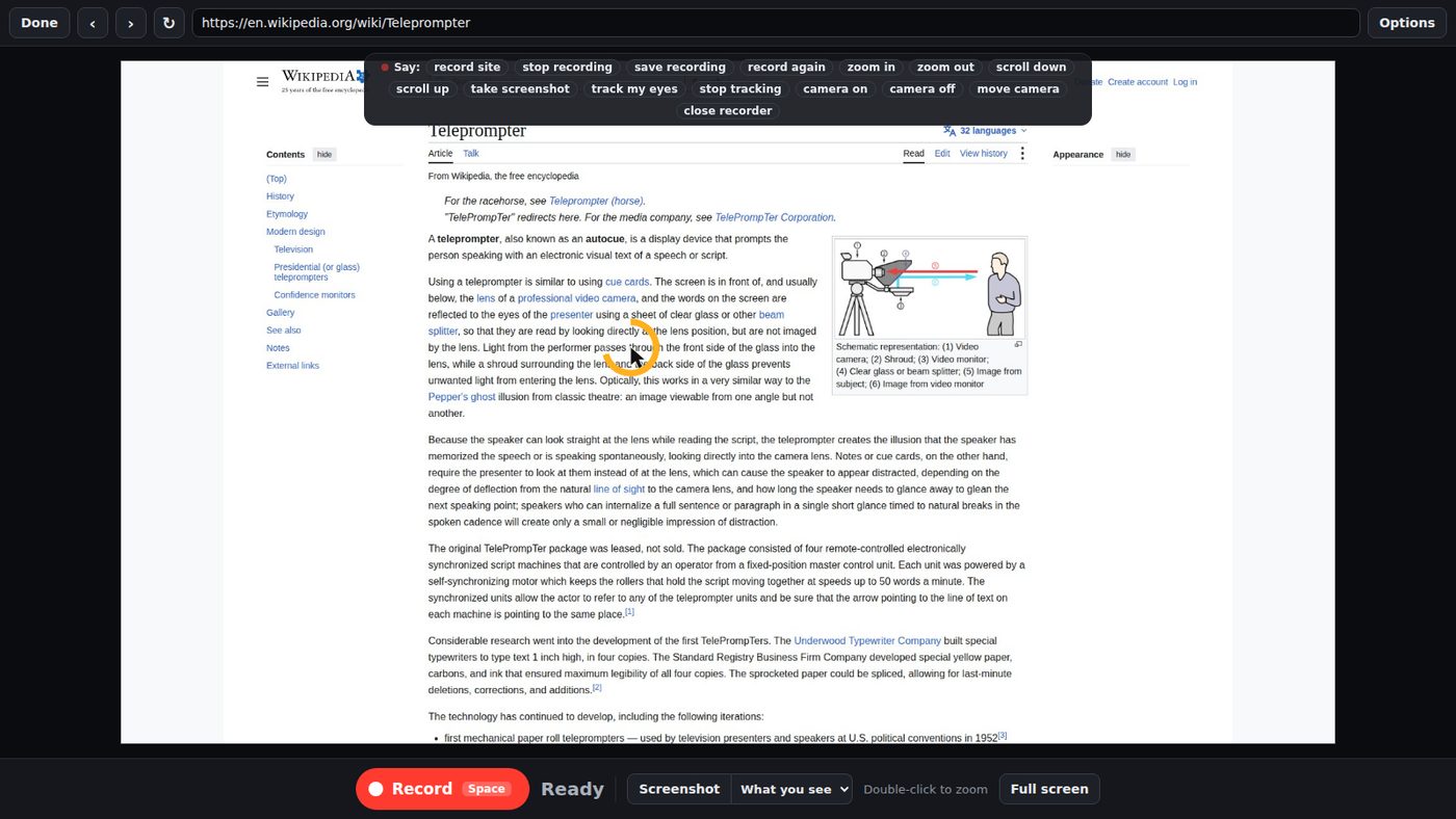 The website recorder showing a Wikipedia article with voice commands along the top.